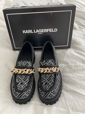 Karl Lagerfeld Black & White Logo Chain-Trim Loafers